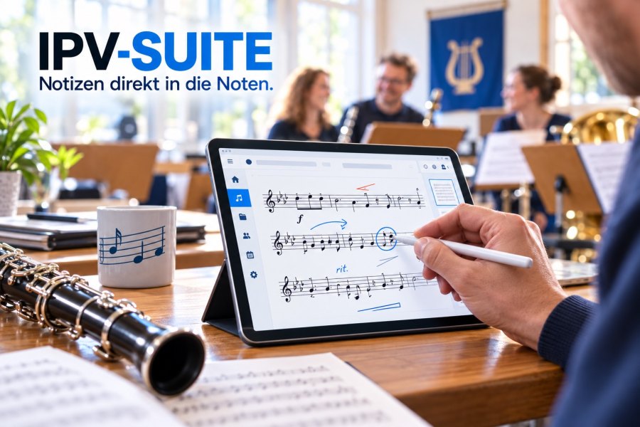 Musiker trägt Notizen auf einem Tablet in die Noten ein